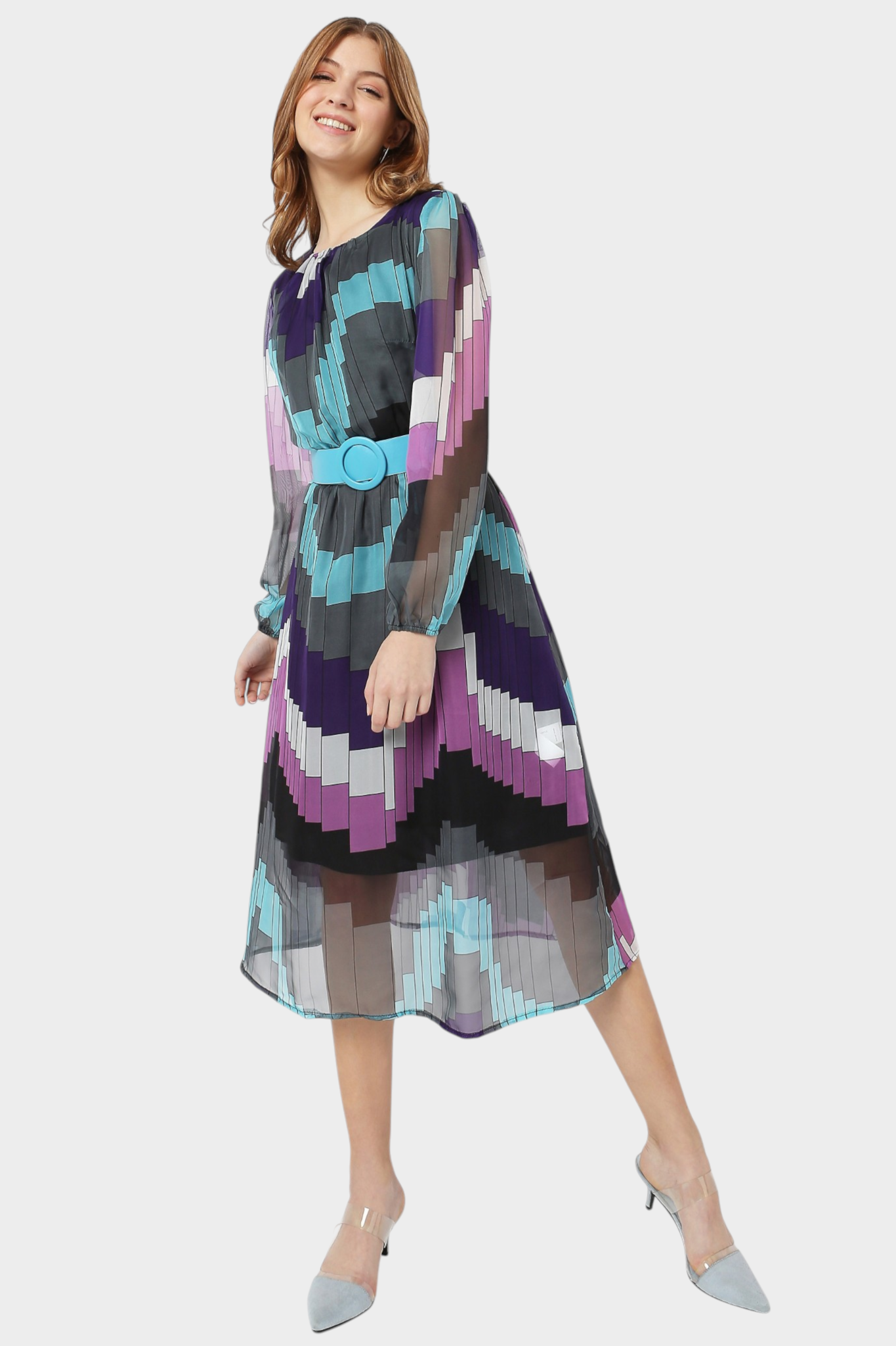 Geometric Print Belted Midi Dress