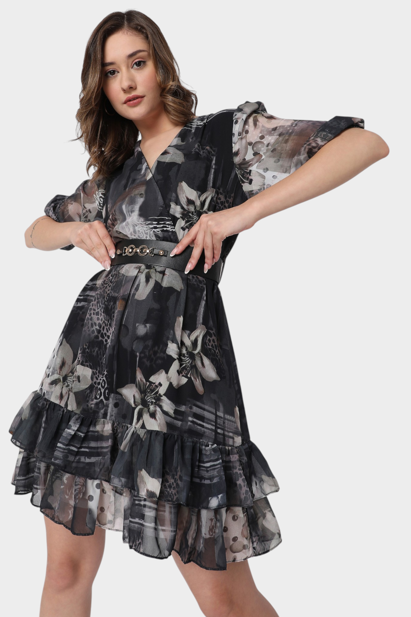 Floral Print Ruffle Hem Fit-and-Flare Dress