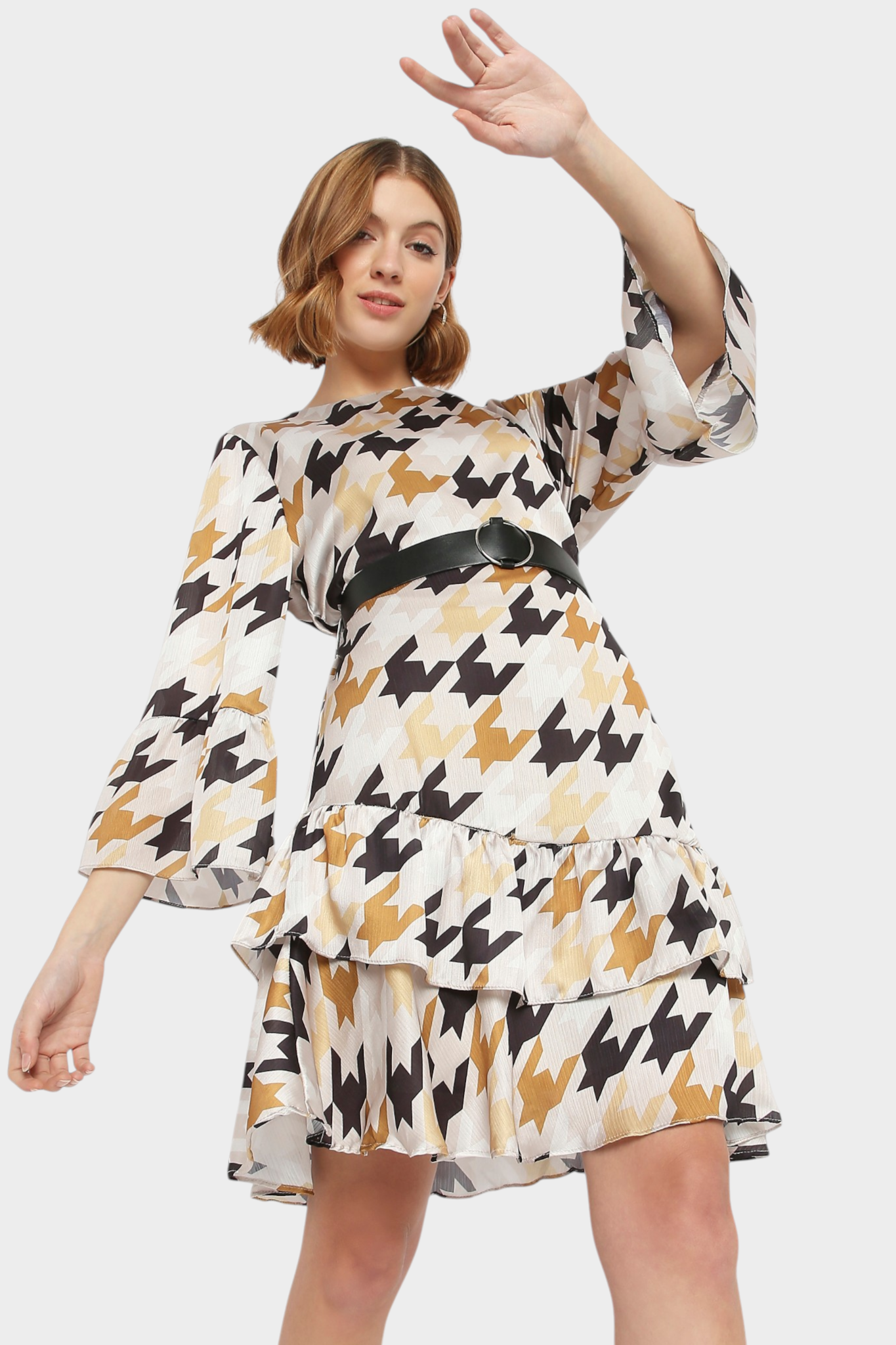 Houndstooth Print Ruffle Hem Belted Dress