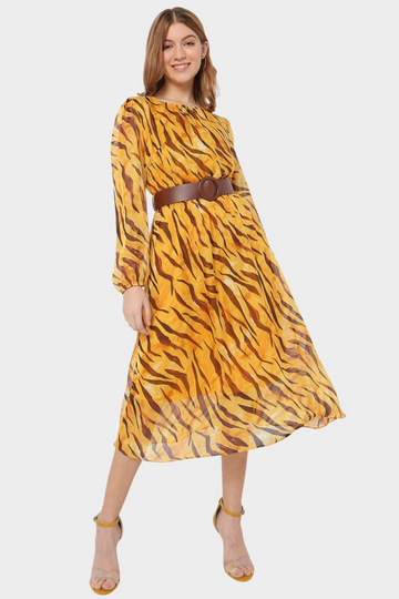 Tiger Print Belted Midi Dress