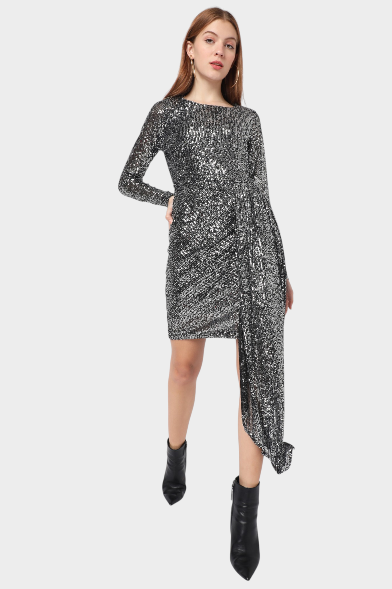 Sequin Asymmetric Drape Midi Dress