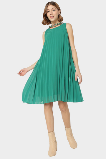 Pleated Trapeze Dress with Chain Neck Detail