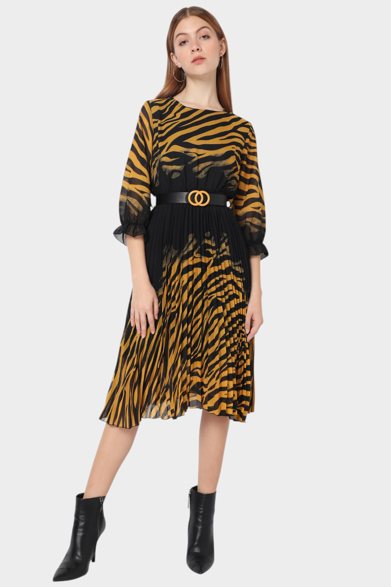 Zebra Print Belted Fit-and-Flare Dress