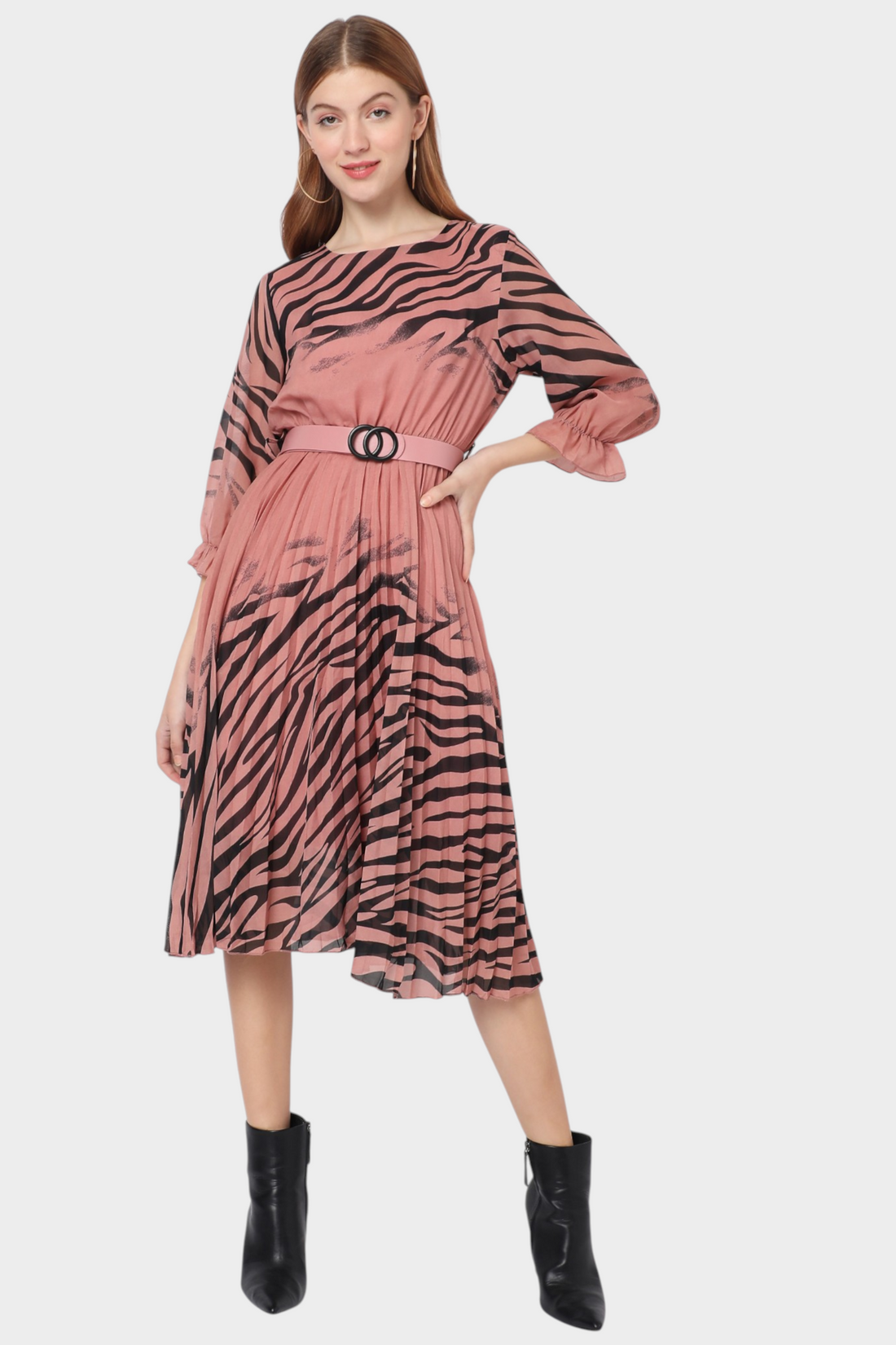 Zebra Print Belted Fit-and-Flare Dress