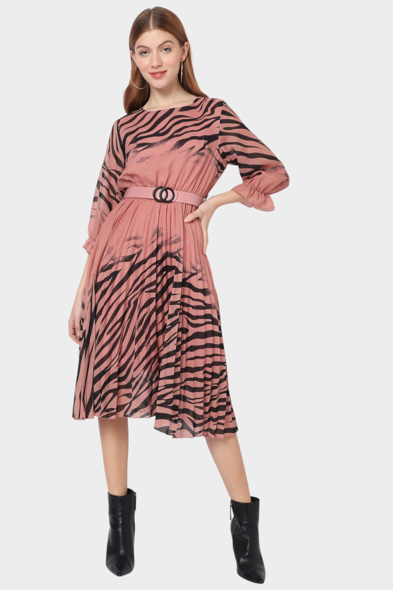 Zebra Print Belted Fit-and-Flare Dress