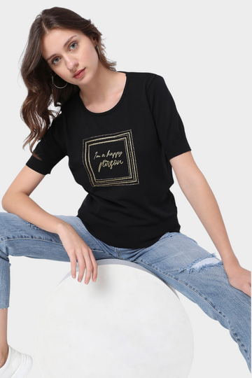 Knit Top with Gold Foil Slogan Graphic