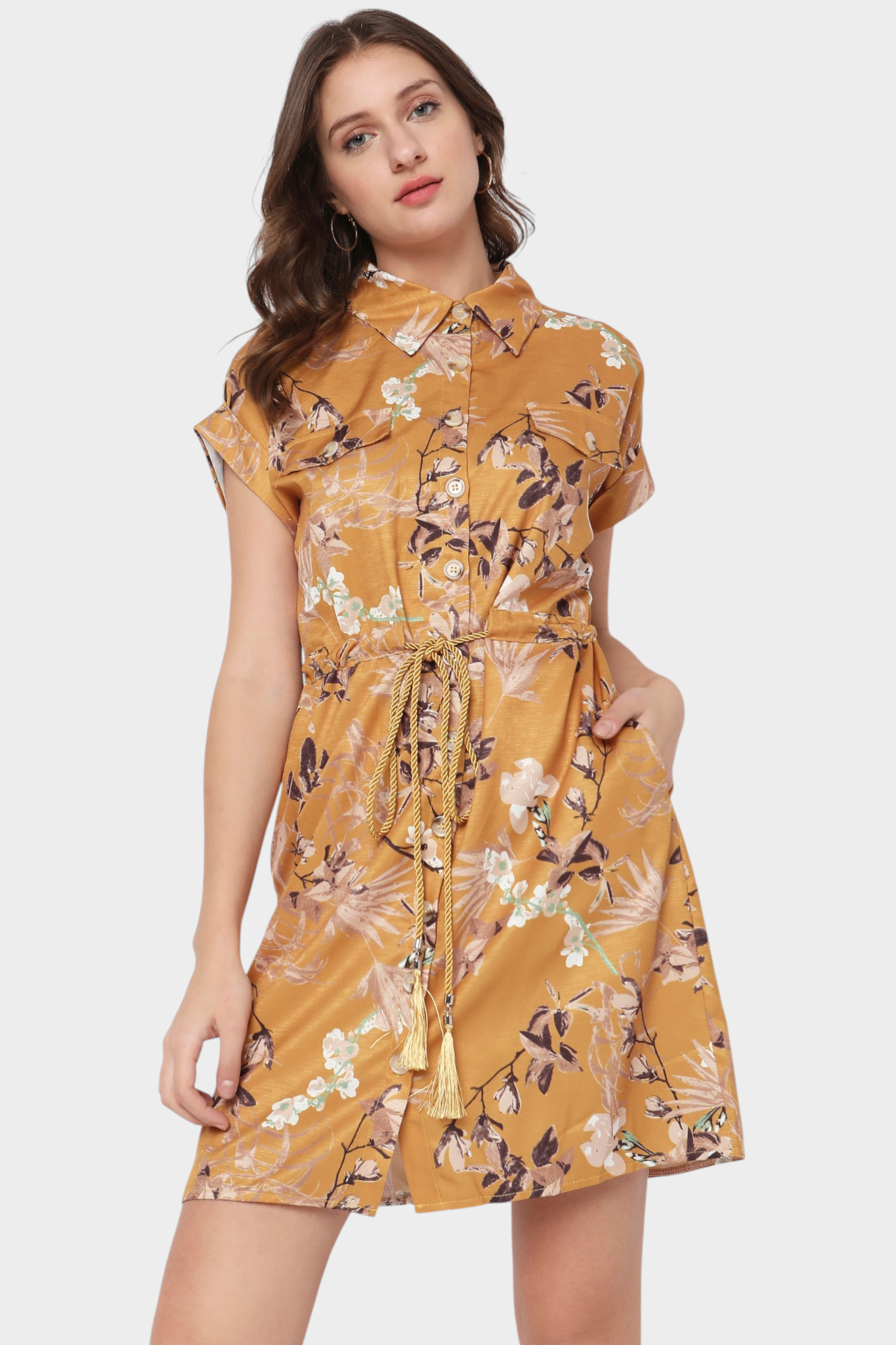 Floral Print Tie-Waist Shirt Dress