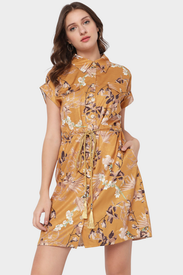 Floral Print Tie-Waist Shirt Dress