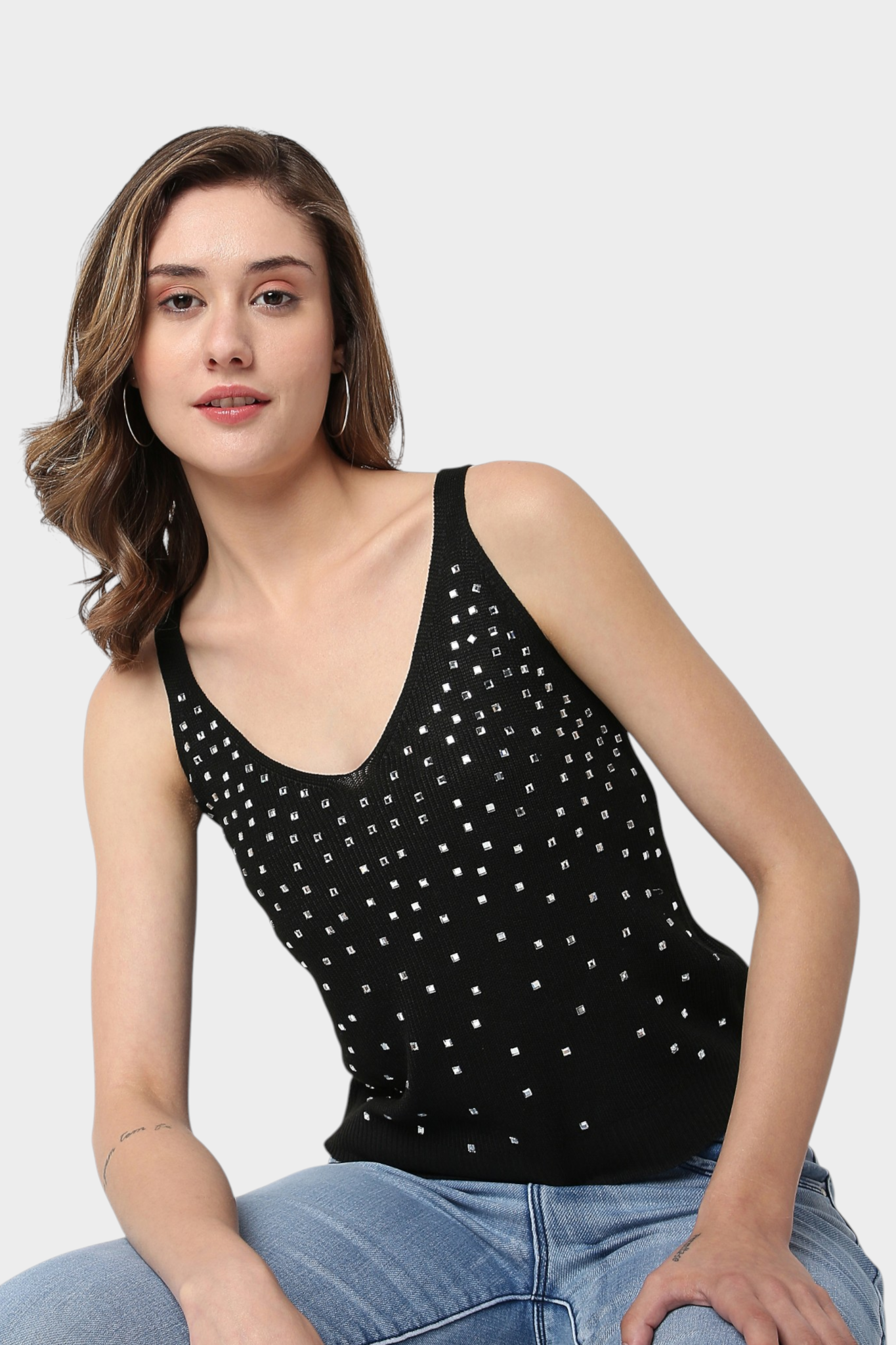 Embellished Ribbed Knit Tank Top