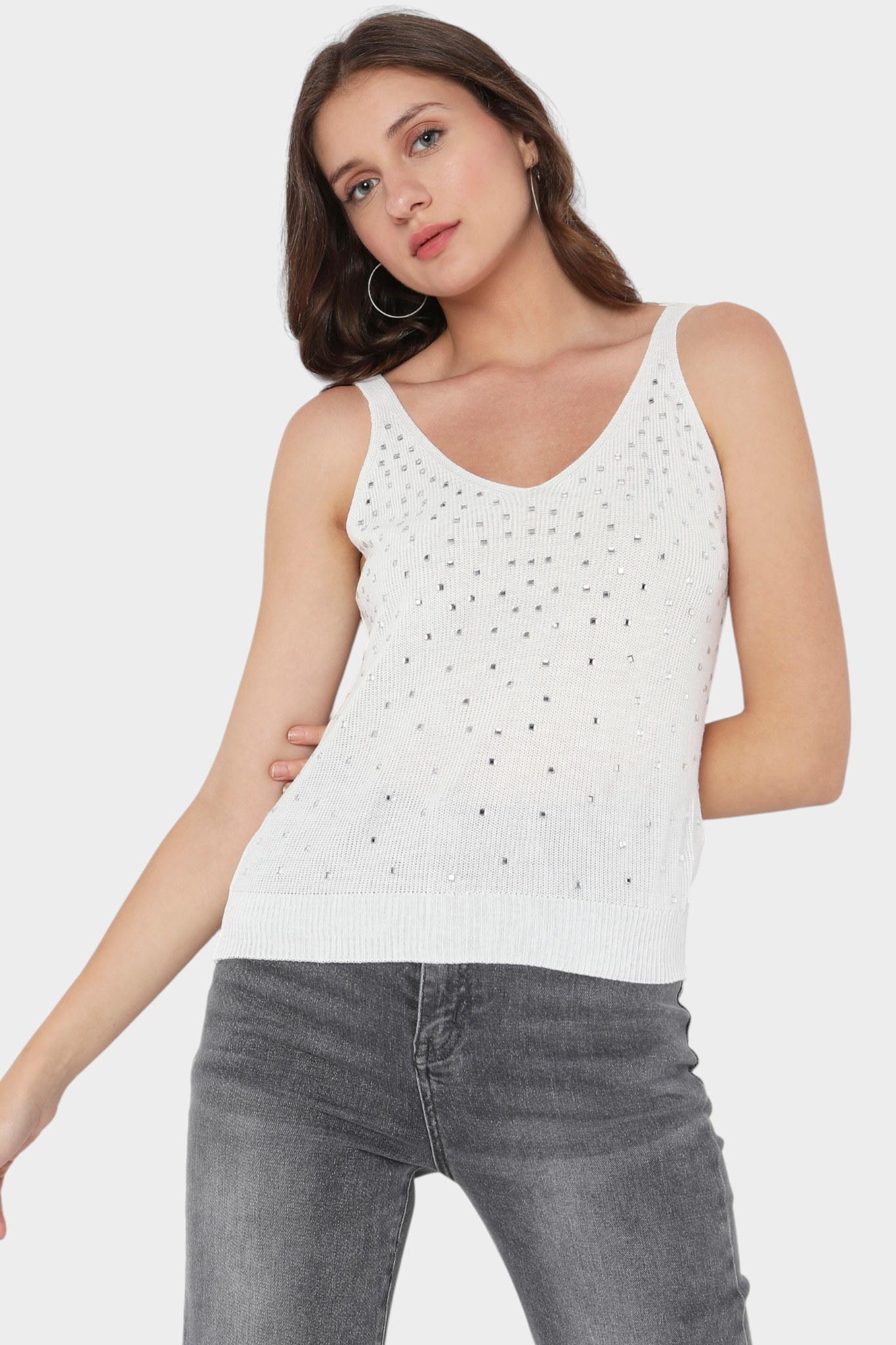 Embellished Ribbed Knit Tank Top