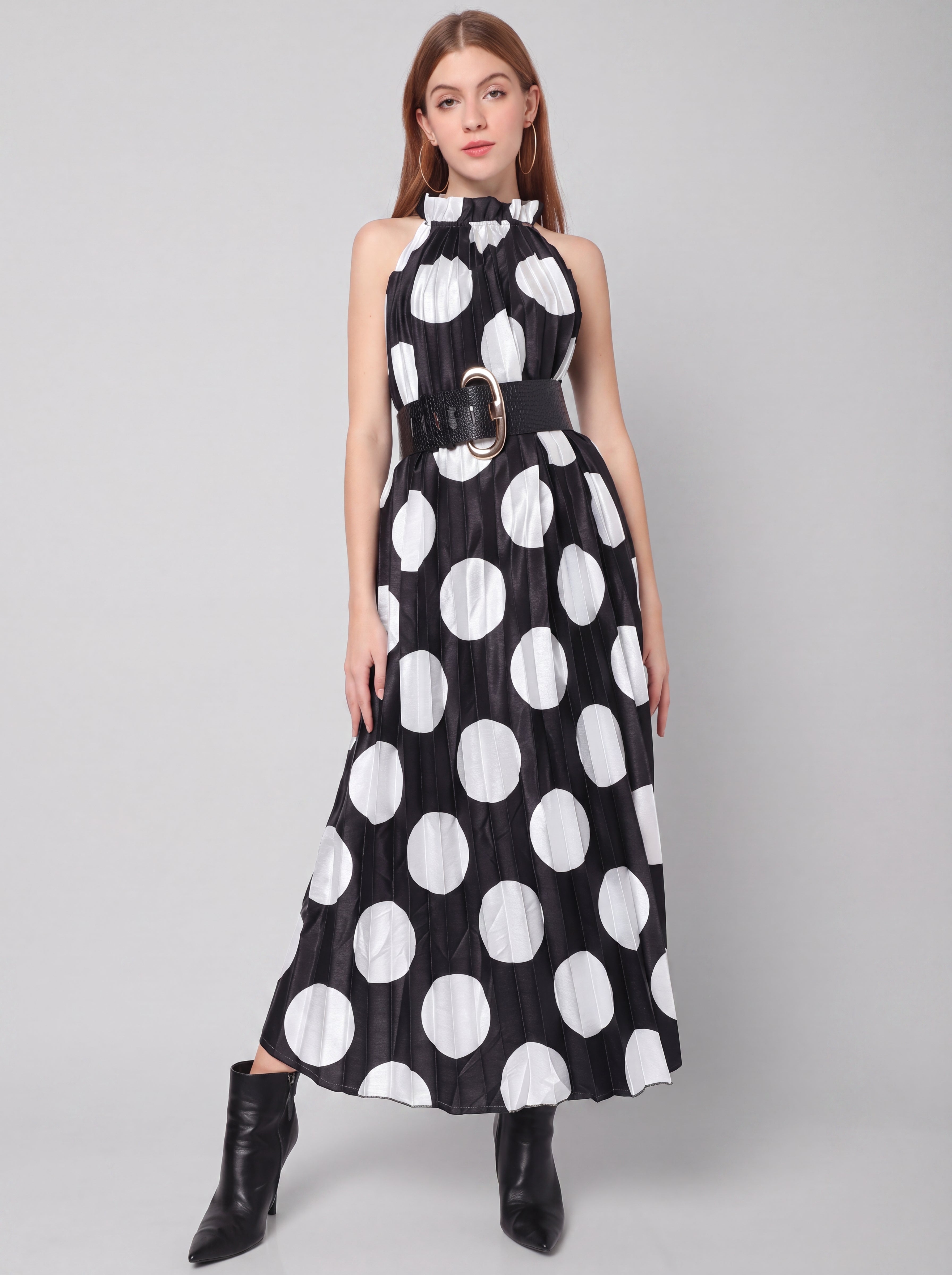 Polka Dot Pleated Maxi Dress