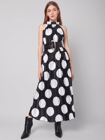 Polka Dot Pleated Maxi Dress