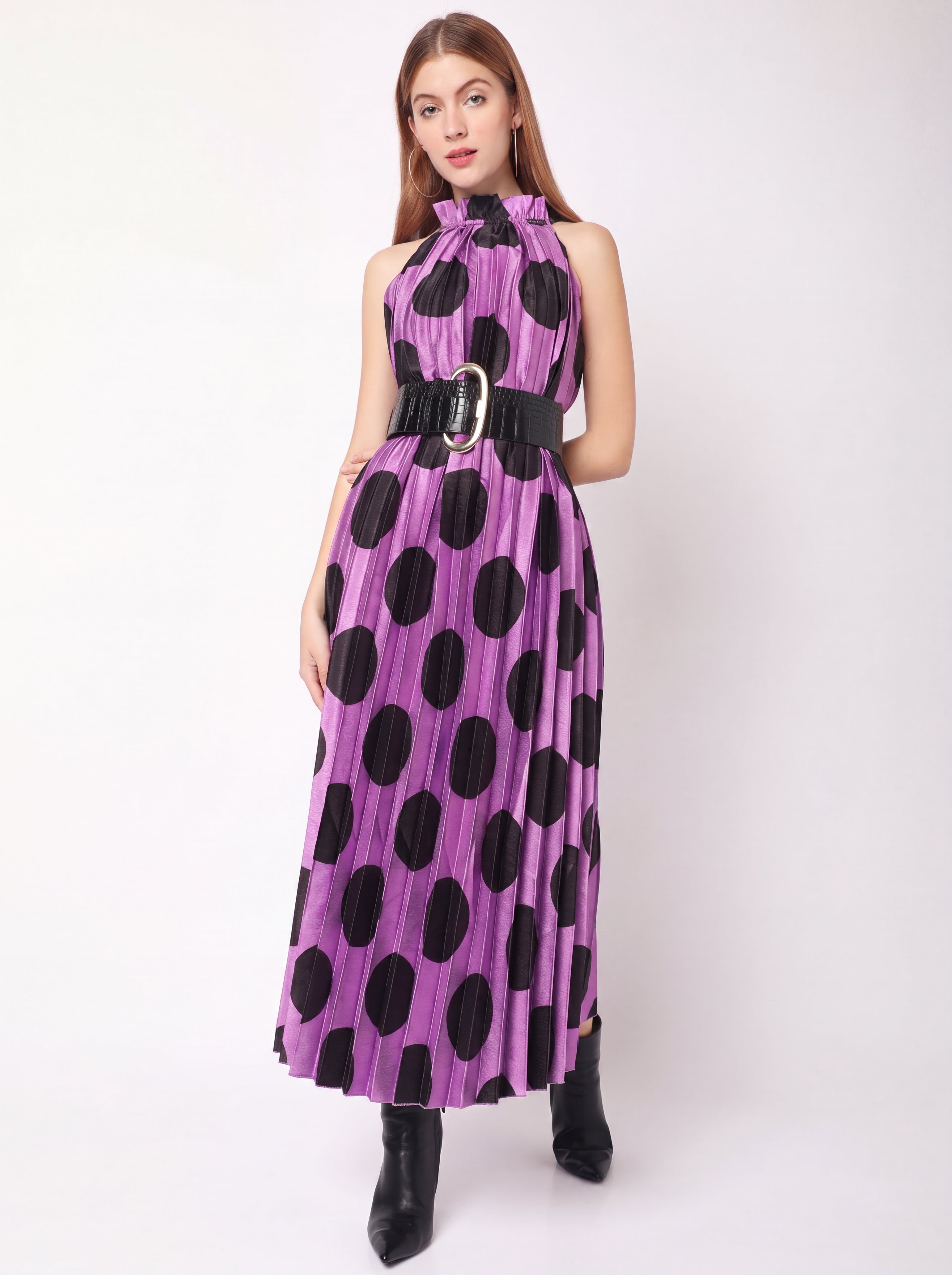 Polka Dot Pleated Maxi Dress