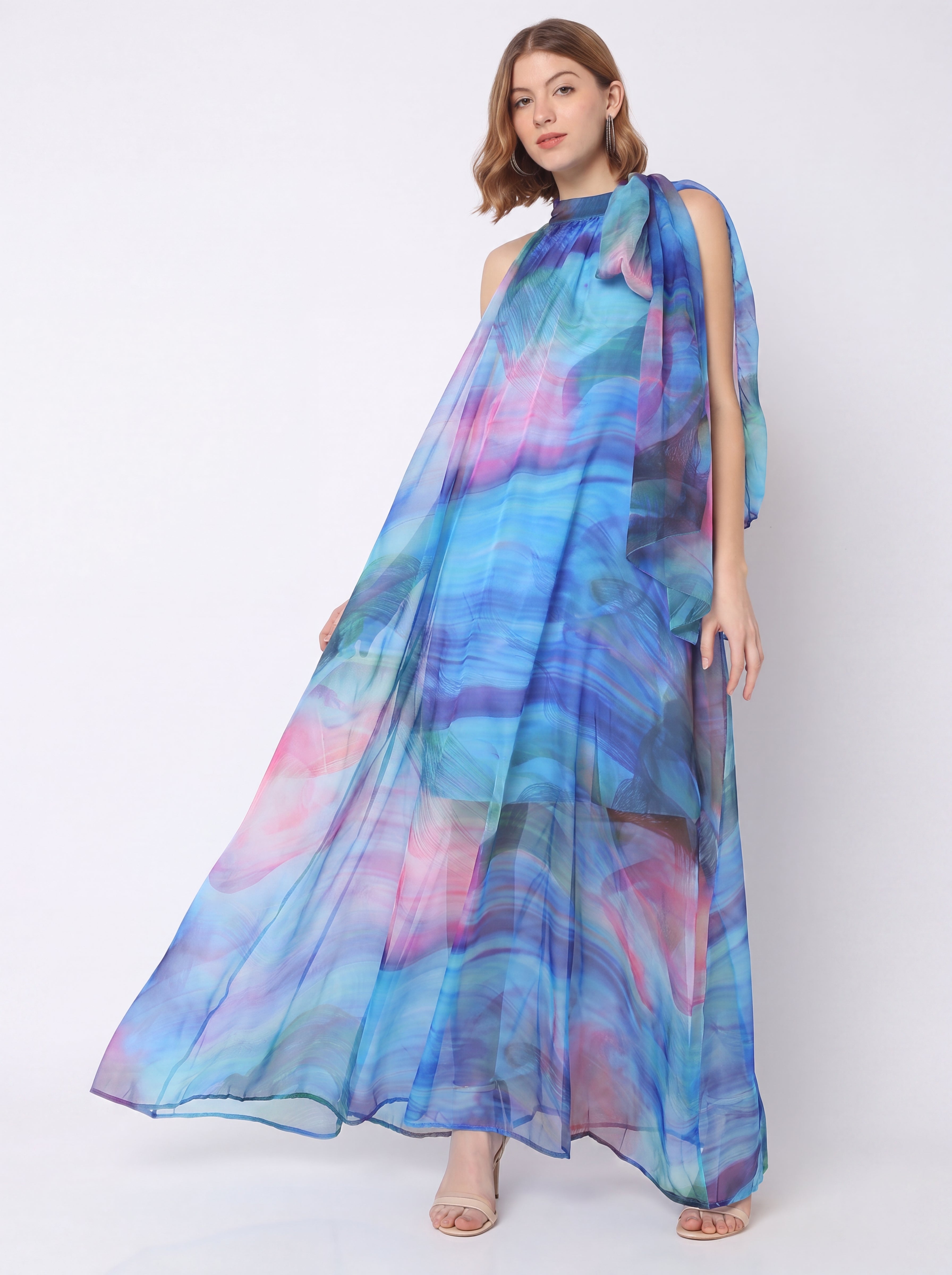 Watercolor Print Cape Maxi Dress