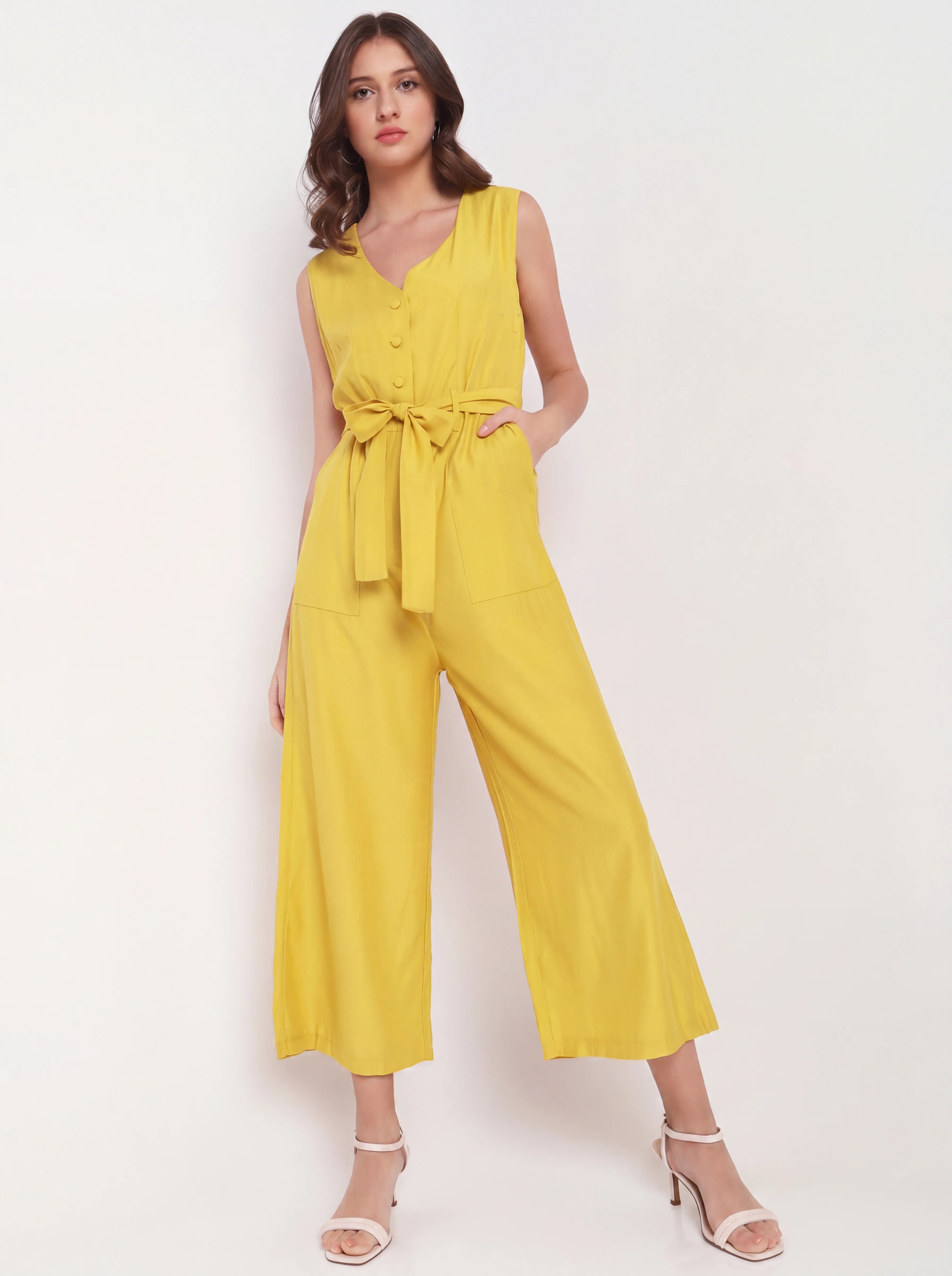 Button-Front Tie-Waist Jumpsuit