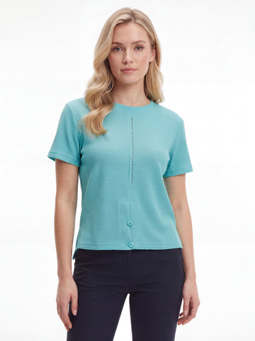 Waffle-Knit Button-Trim Top