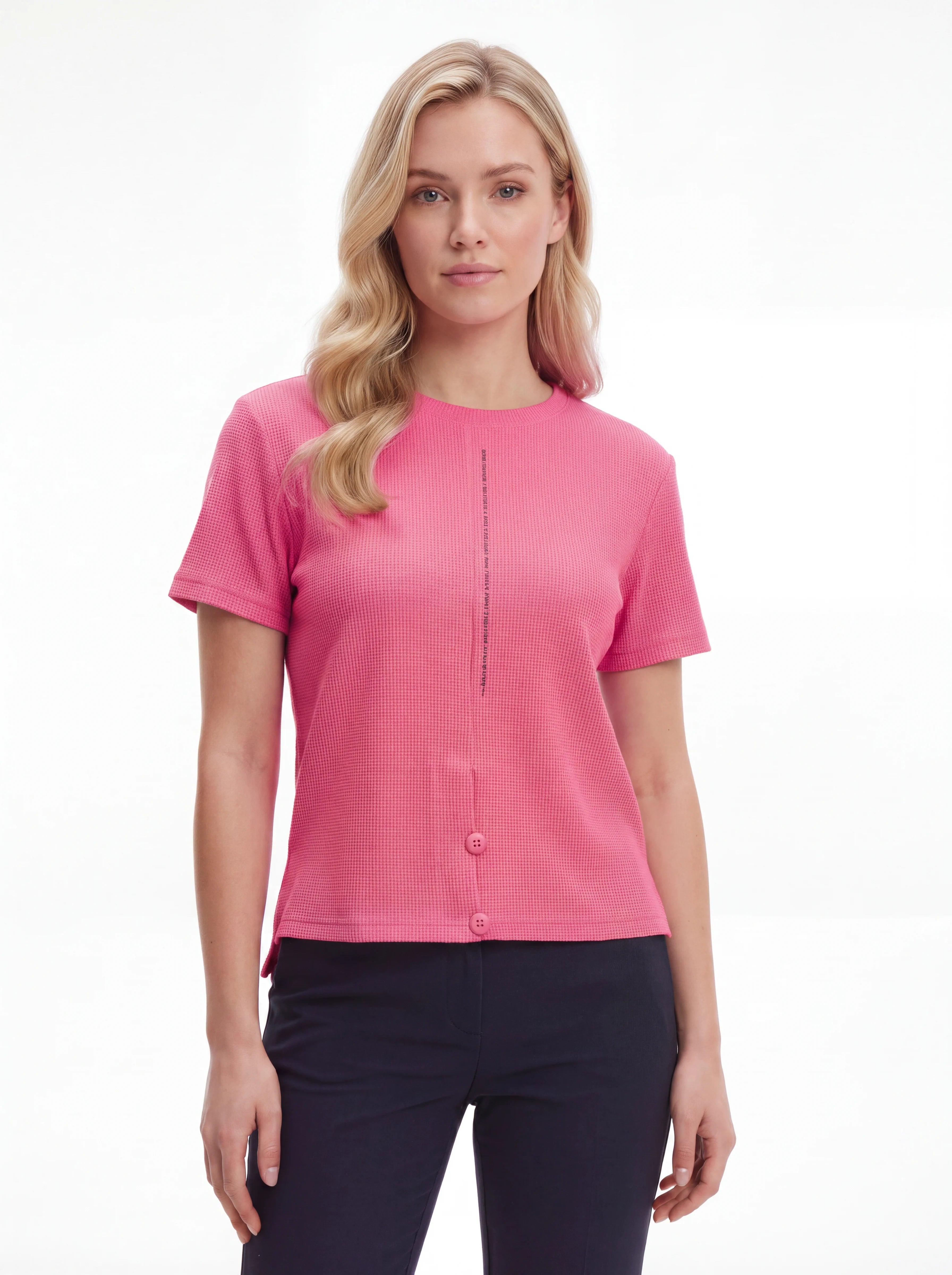 Waffle-Knit Button-Trim Top