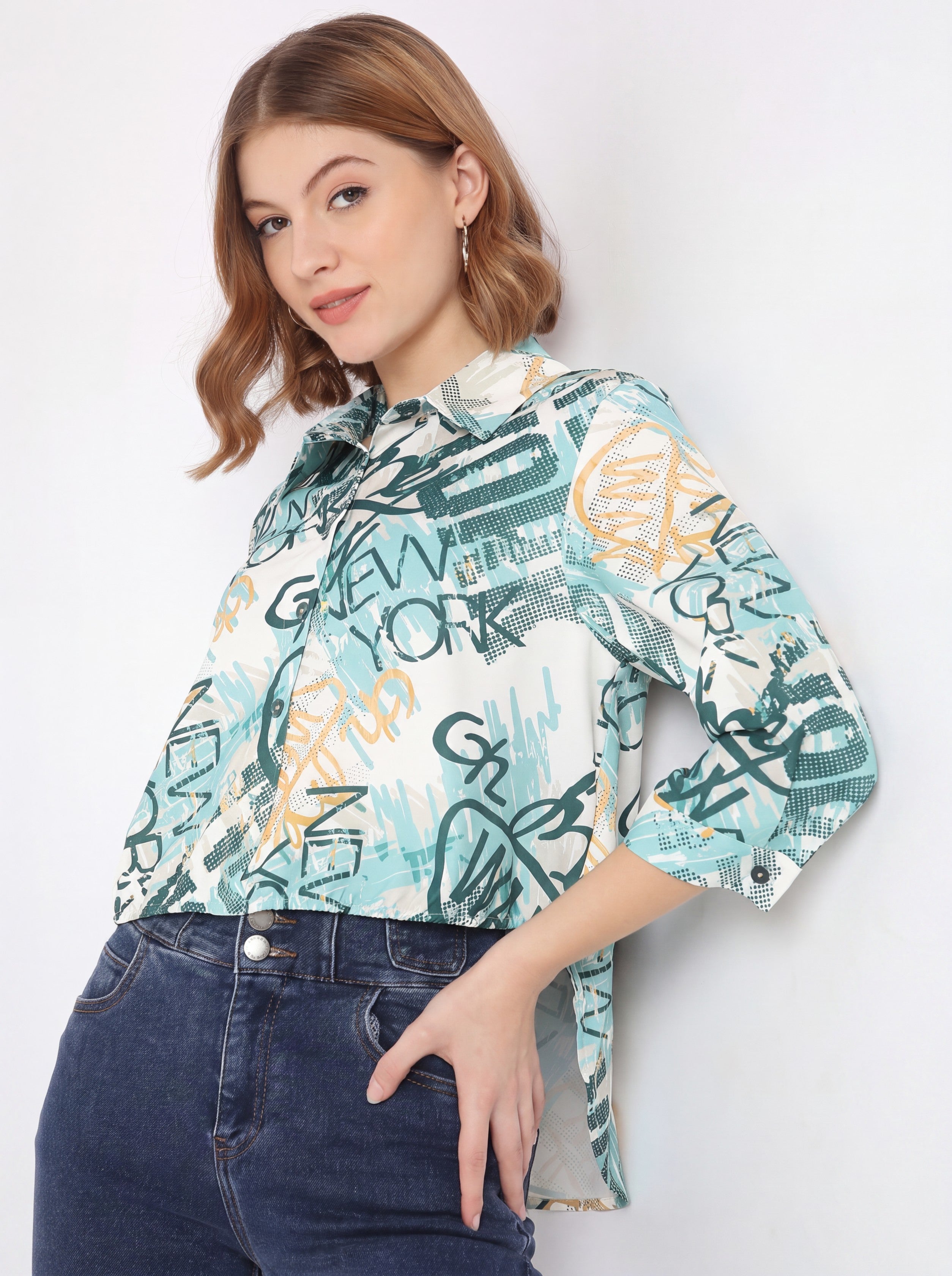 Graffiti Print High-Low Collared Shirt