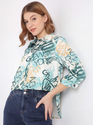 Graffiti Print High-Low Collared Shirt