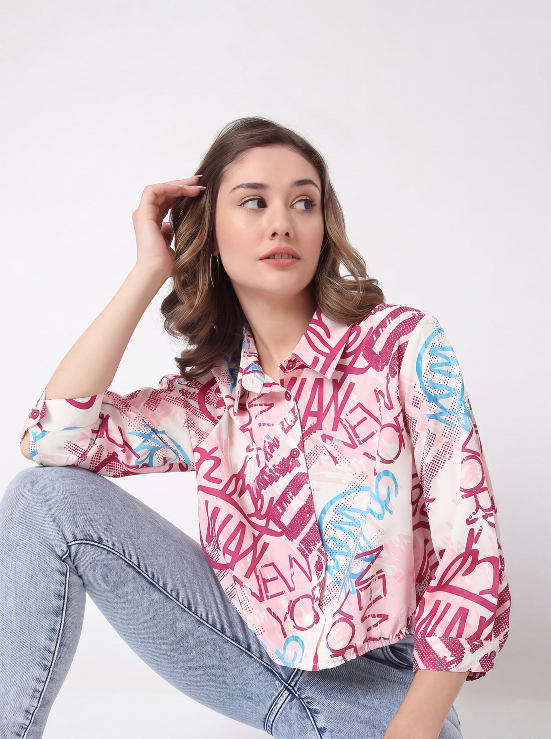 Graffiti Print High-Low Collared Shirt