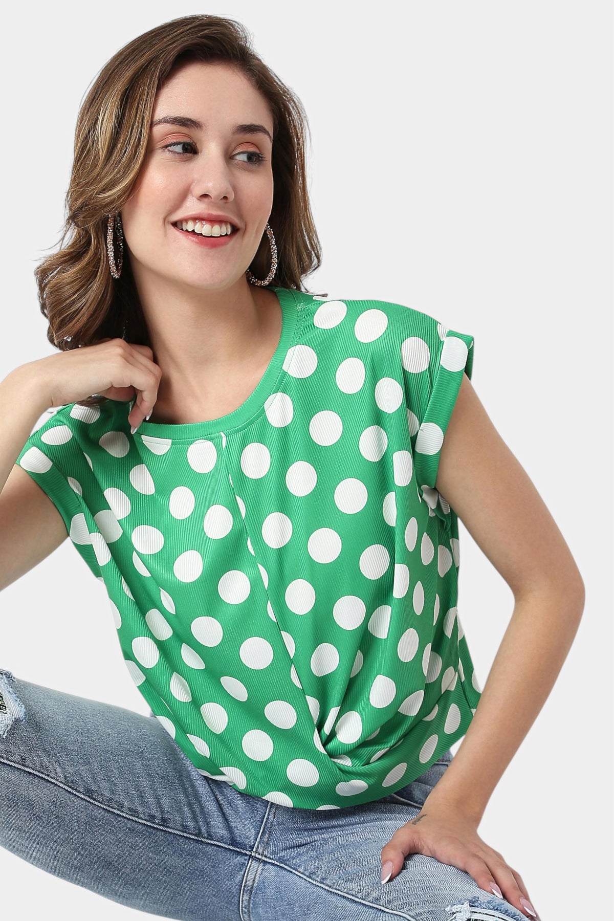 Green Polka Dot Twist Front Top