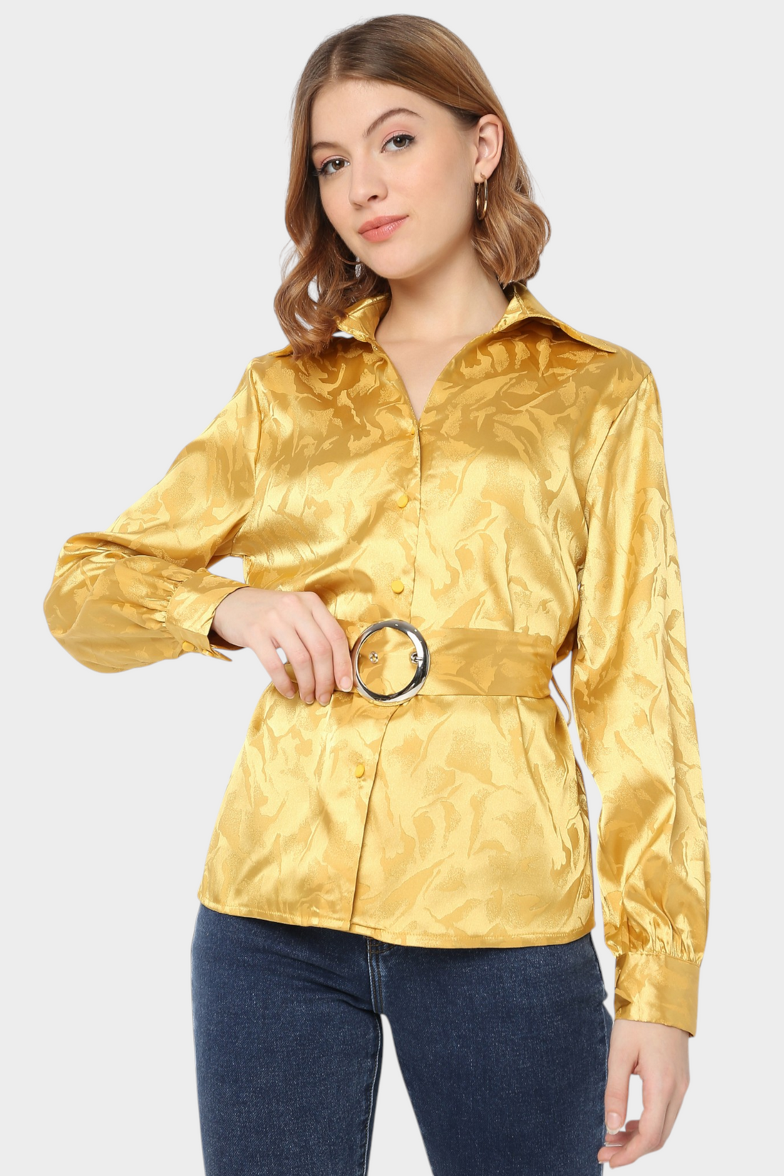 Jacquard Belted Satin Blouse
