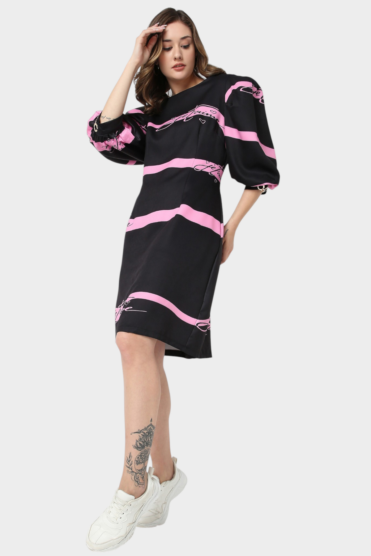 Script Print Balloon Sleeve Dress