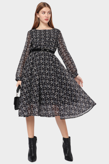 Printed Belted Fit-and-Flare Midi Dress