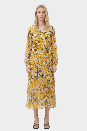 Floral Print Ruched Wrap Midi Dress