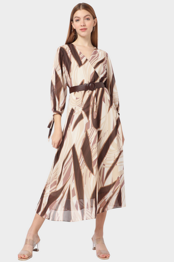 Abstract Print Belted Midi Dress