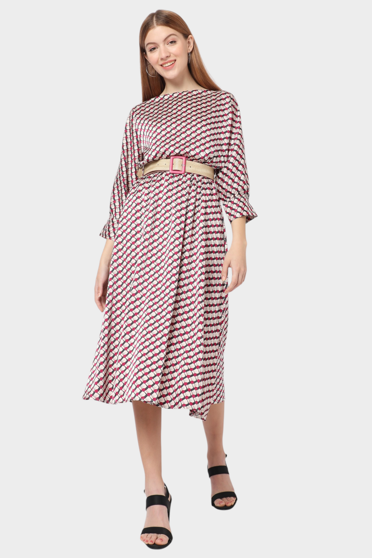 Geometric Print Belted Midi Dress