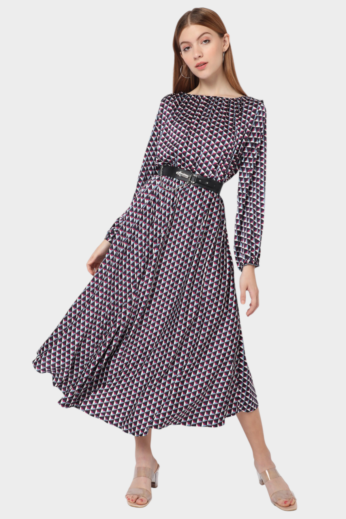Geometric Print Belted Pleated Midi Dress