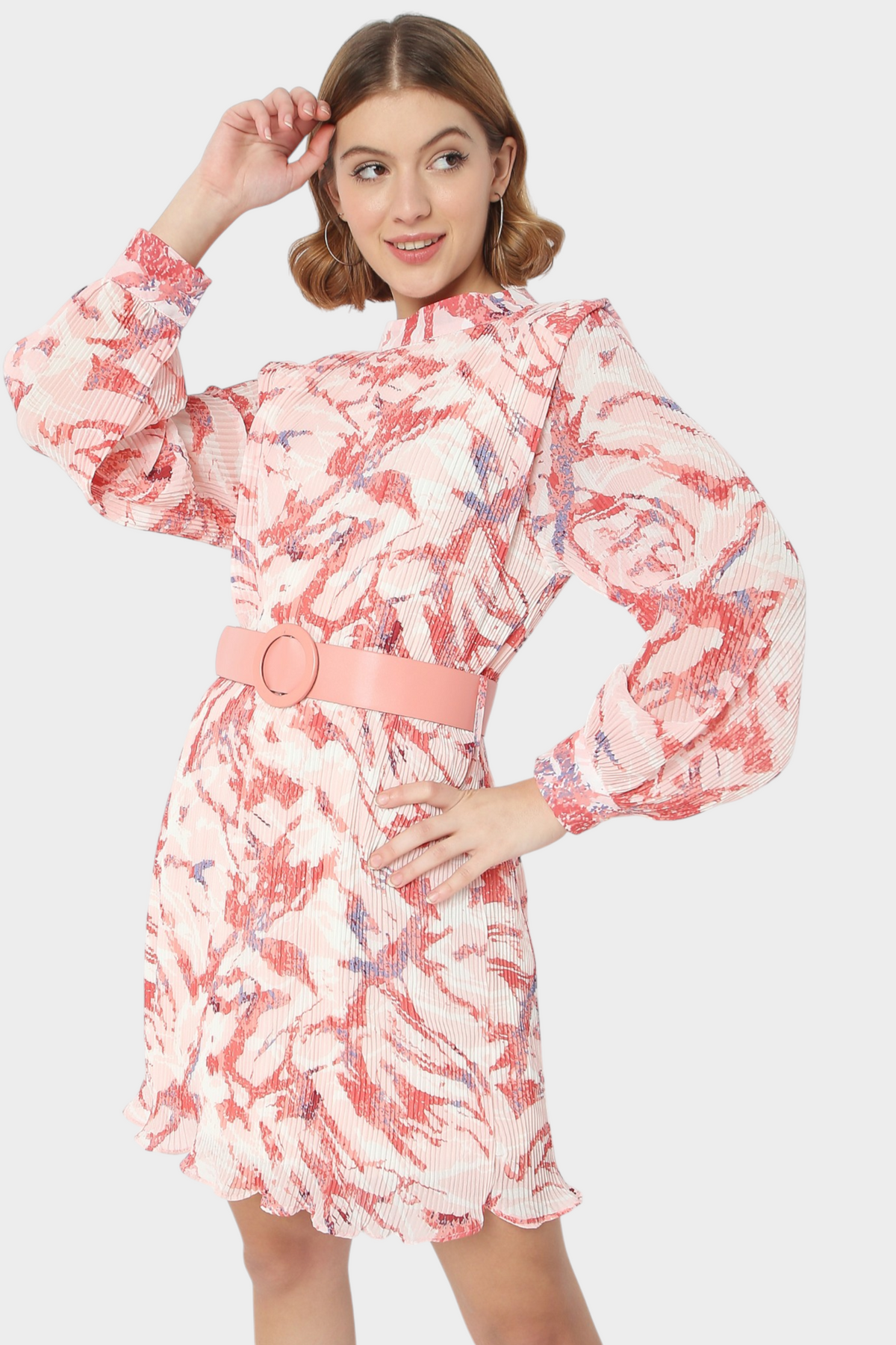 Abstract Floral Pleated Belted Mini Dress