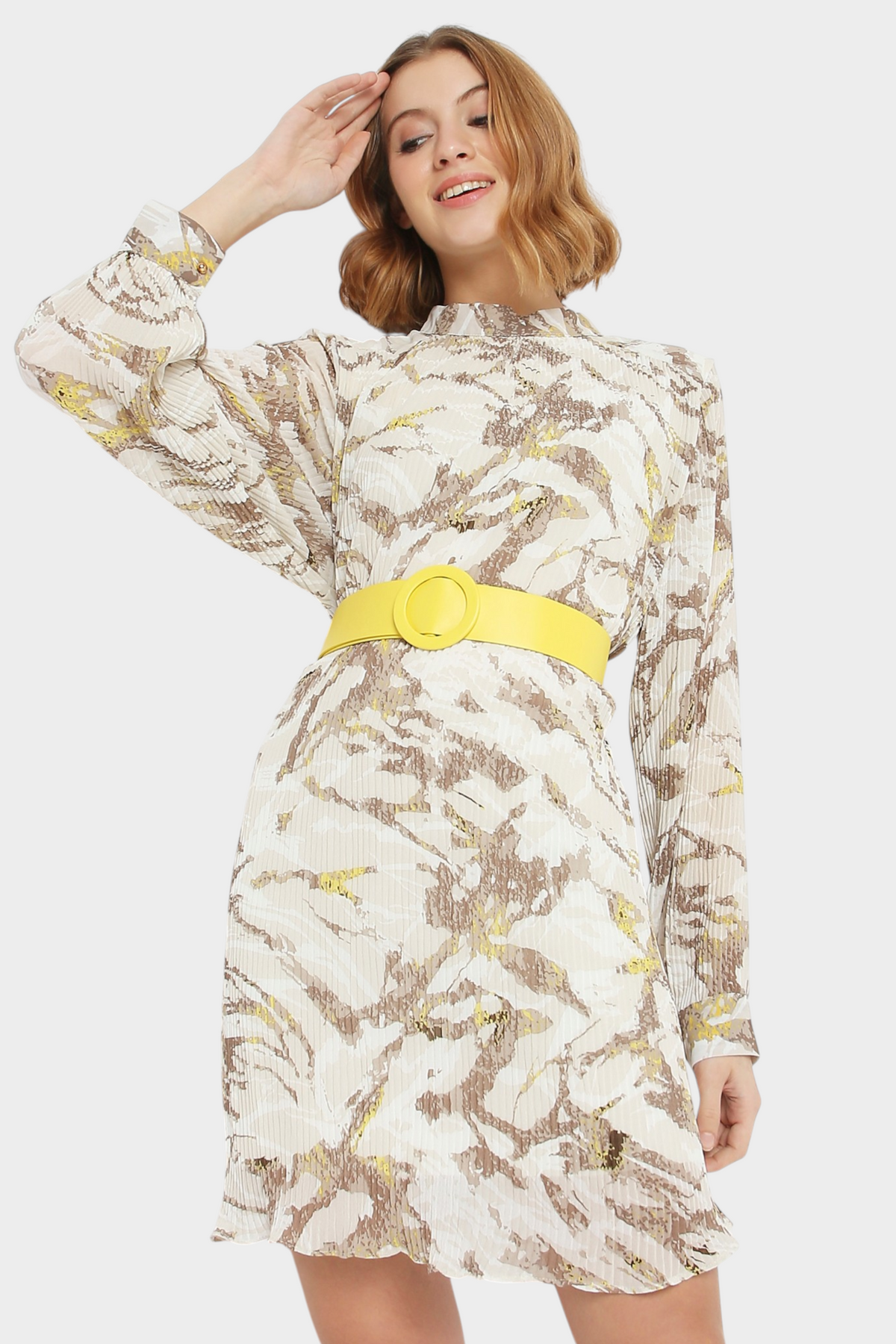 Abstract Floral Pleated Belted Mini Dress