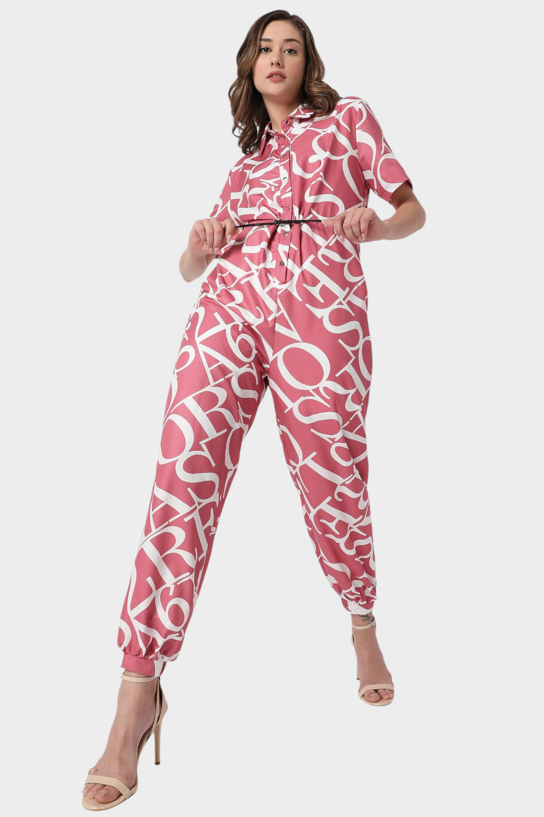 Typographic Print Belted Jumpsuit
