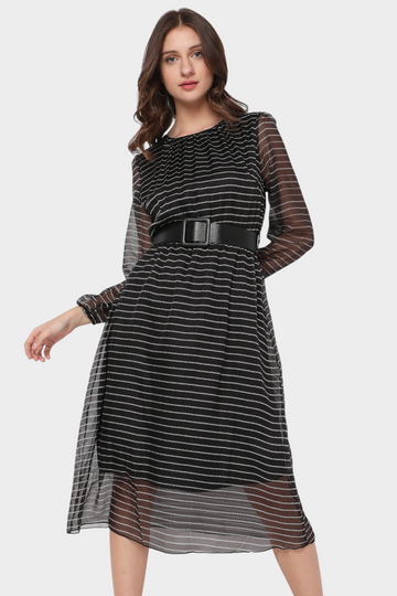 Striped Sheer Belted Midi Dress