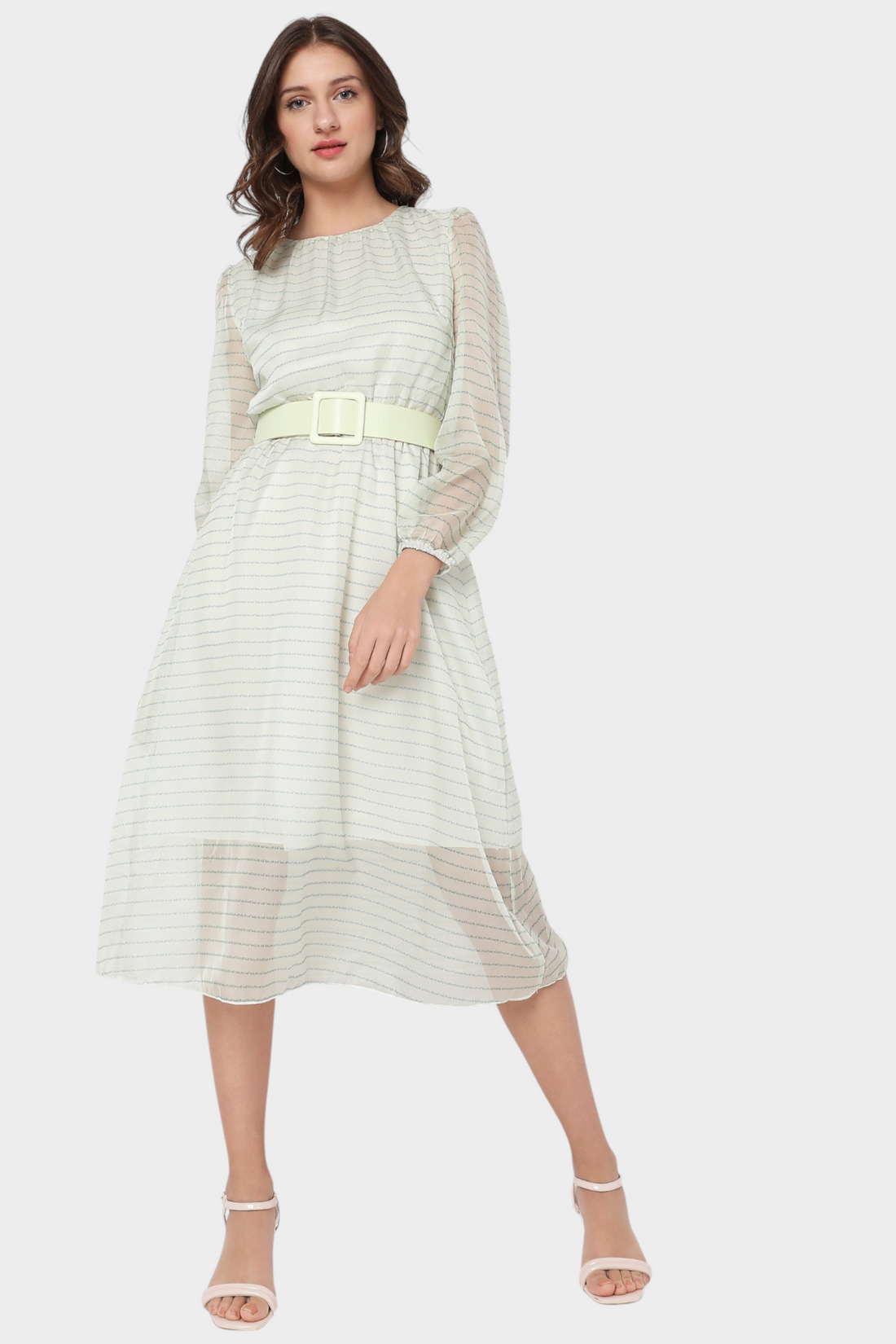 Striped Sheer Belted Midi Dress