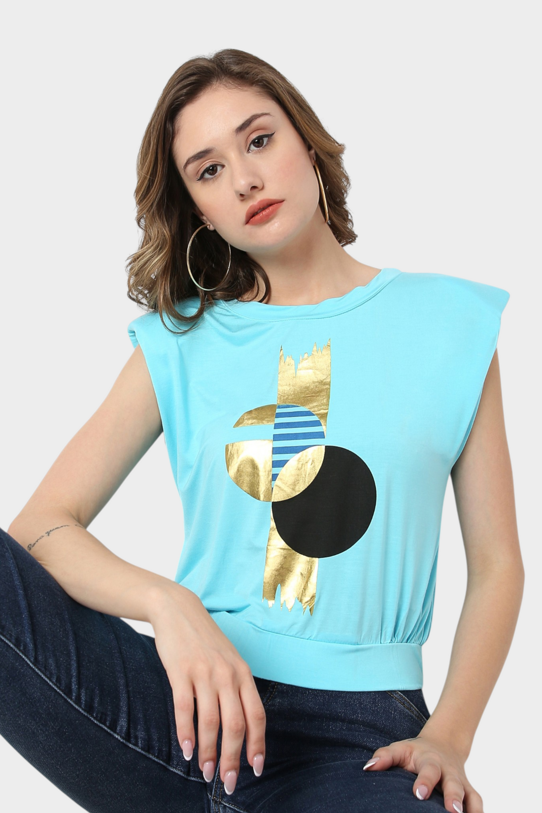 Abstract Foil Graphic Shoulder Pad Top