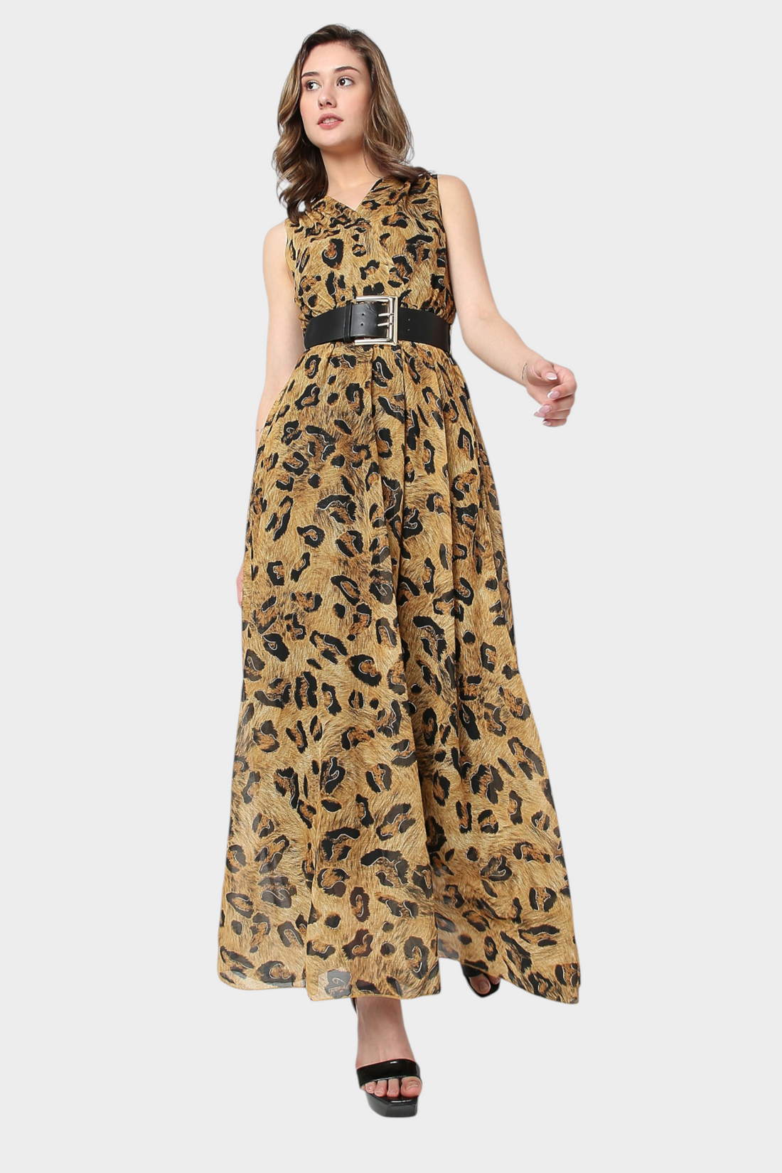 Leopard Print Belted Maxi Dress