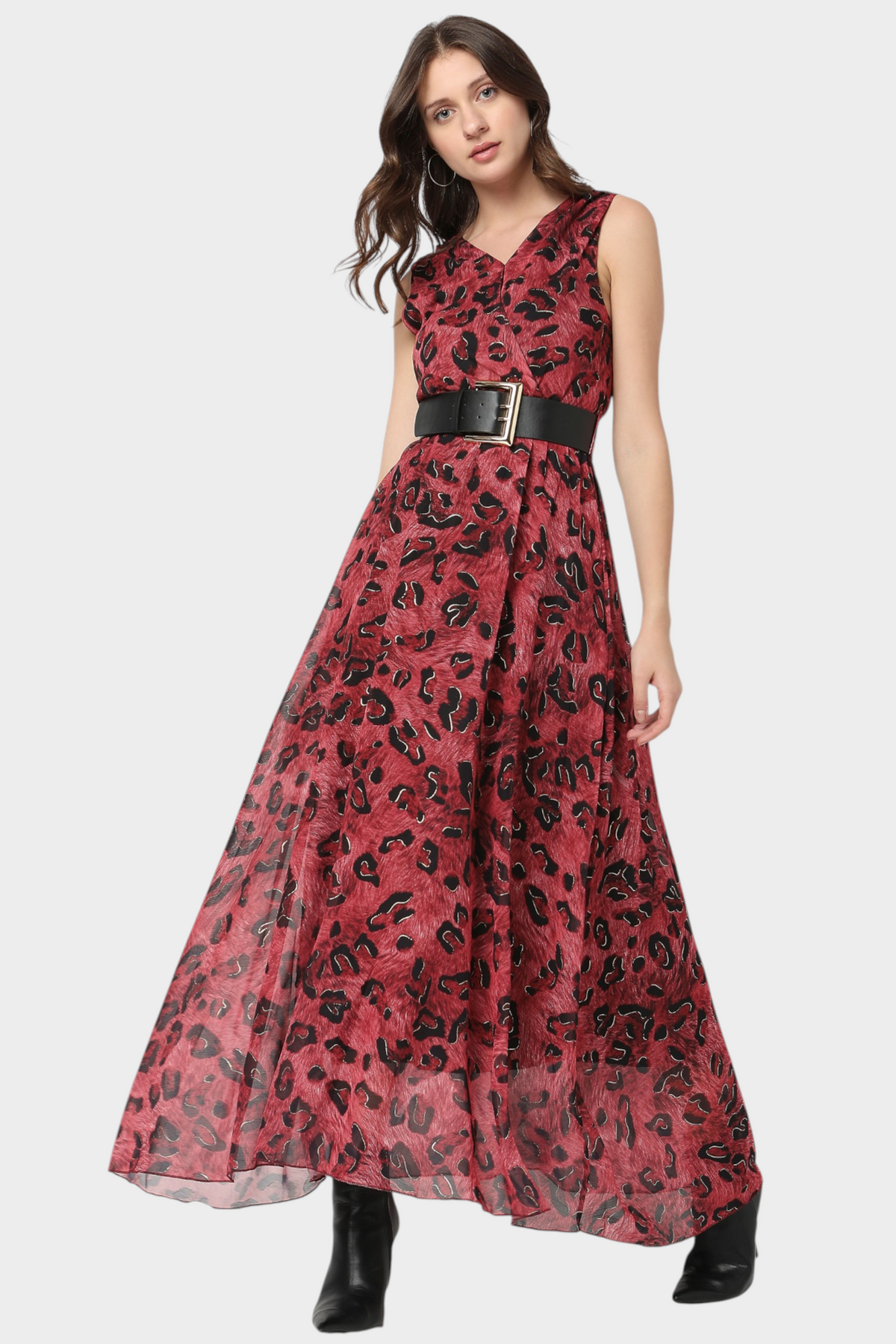 Leopard Print Belted Maxi Dress