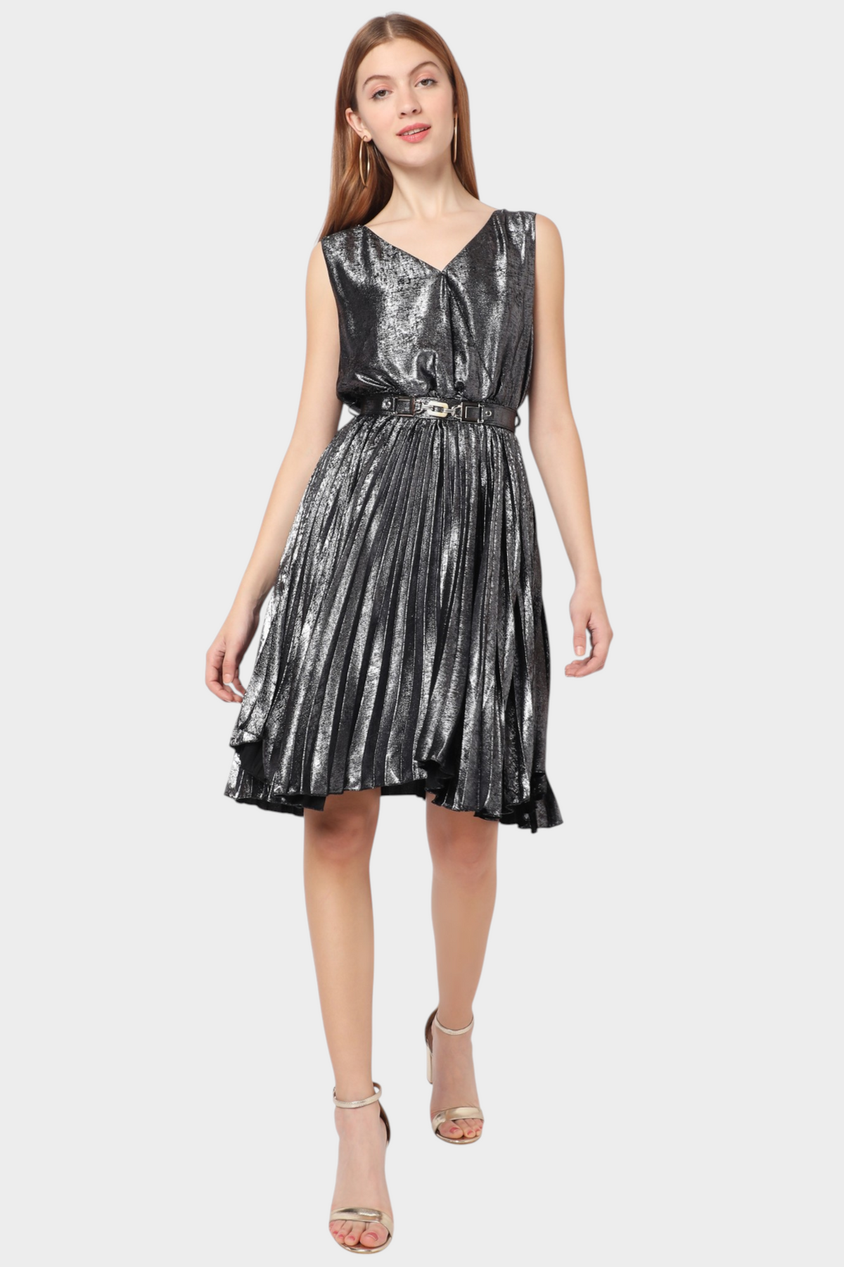 Gunmetal Metallic Pleated Belted Fit-and-Flare Dress