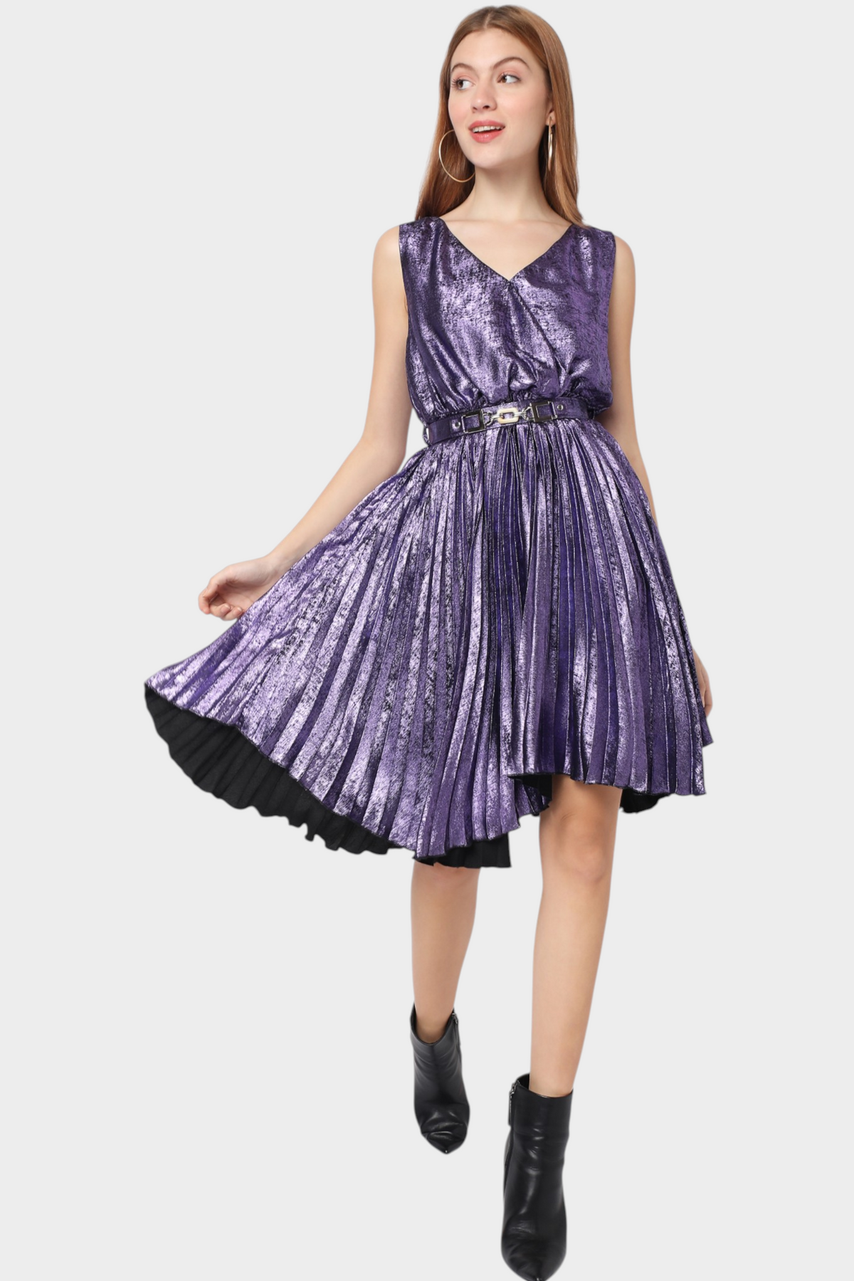 Gunmetal Metallic Pleated Belted Fit-and-Flare Dress