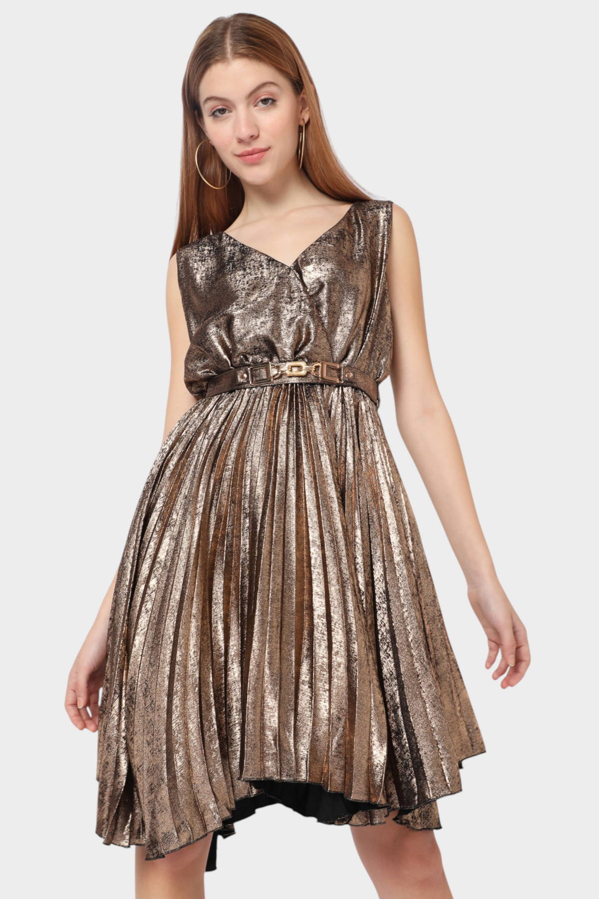 Gunmetal Metallic Pleated Belted Fit-and-Flare Dress
