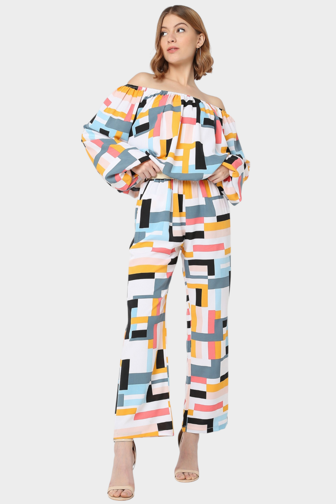 Multicolor Geometric Print Off-Shoulder Co-Ord Set