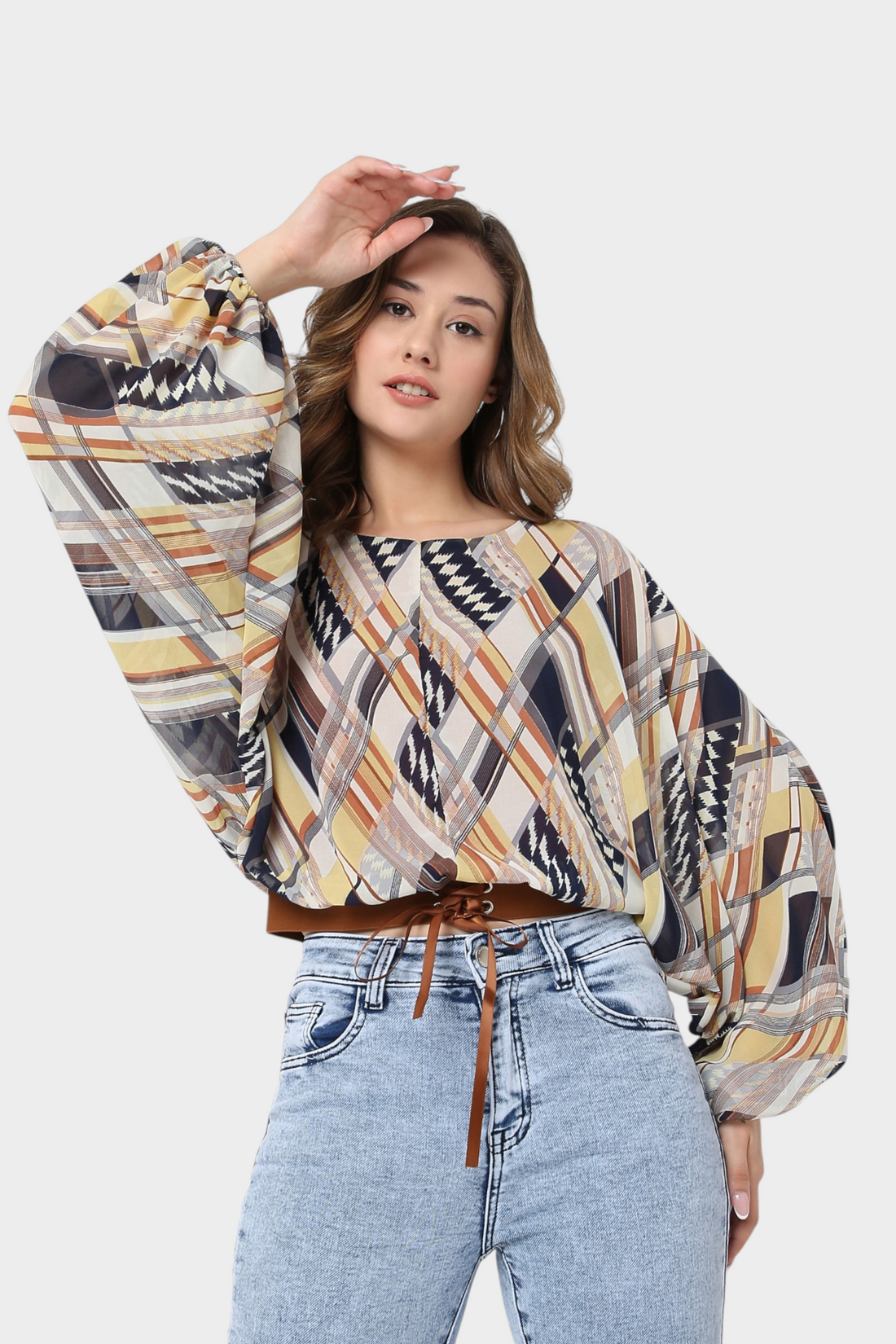 Multicolor Geometric Print Cinched Waist Blouse