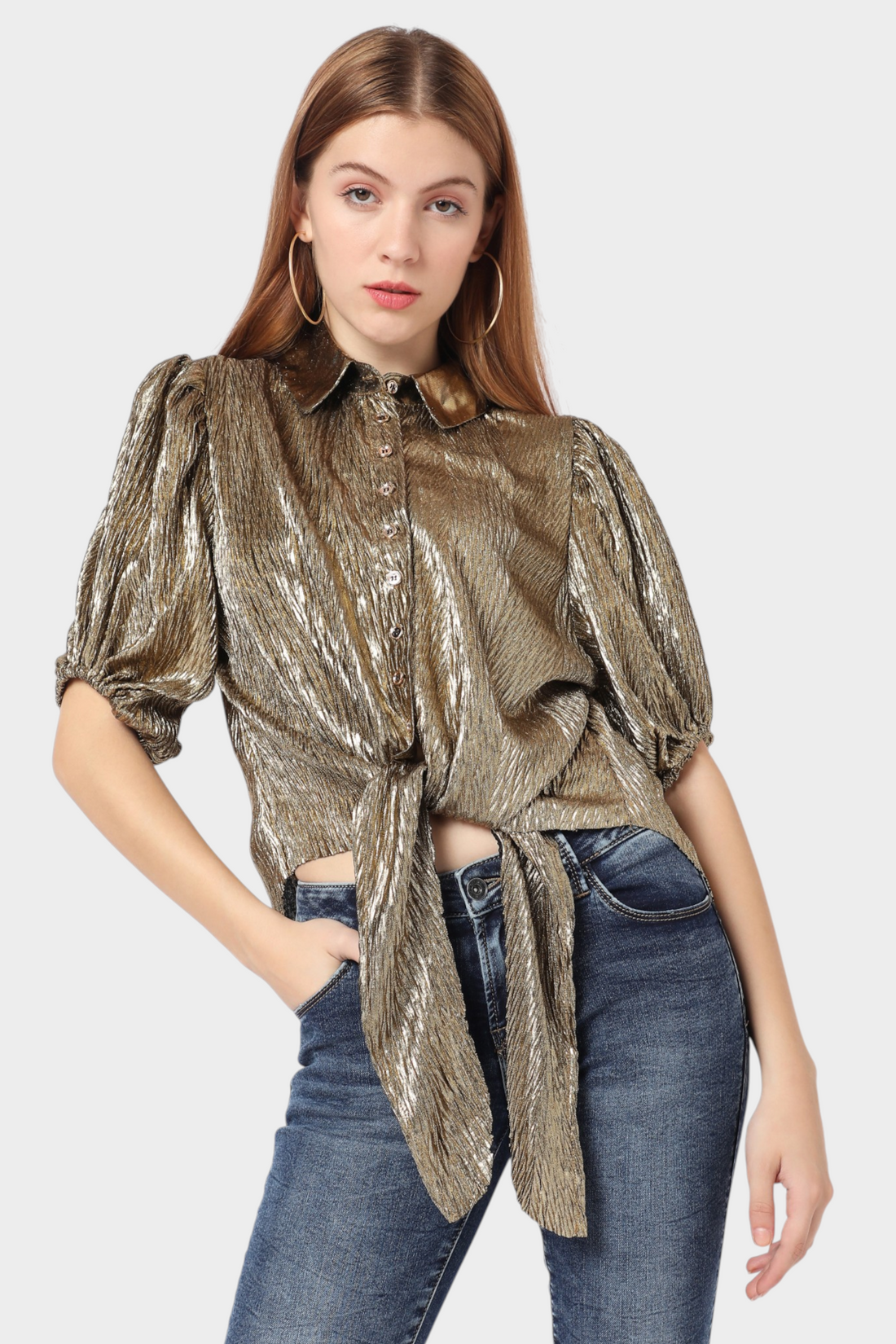 Metallic Tie-Front Blouse