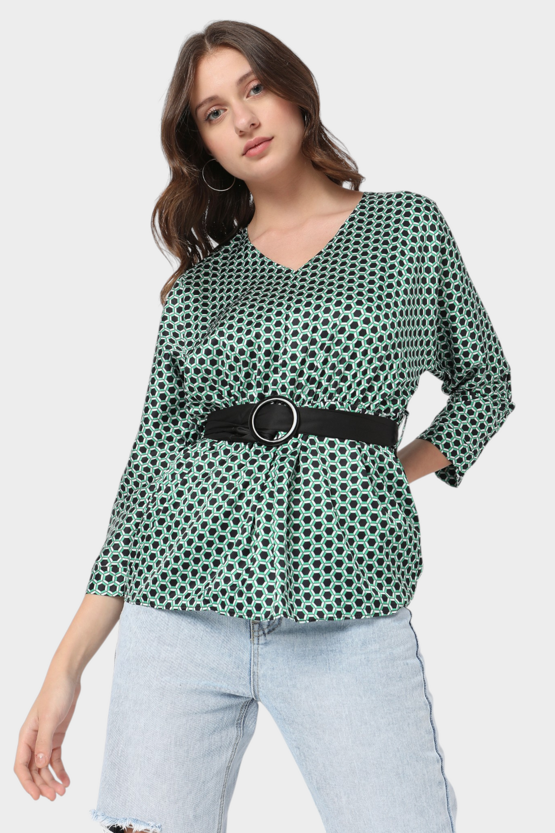 Geometric Print Belted Peplum Top