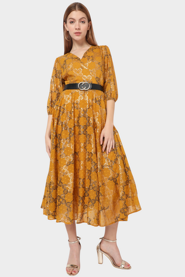 Gold Foil Print Belted Midi Dress