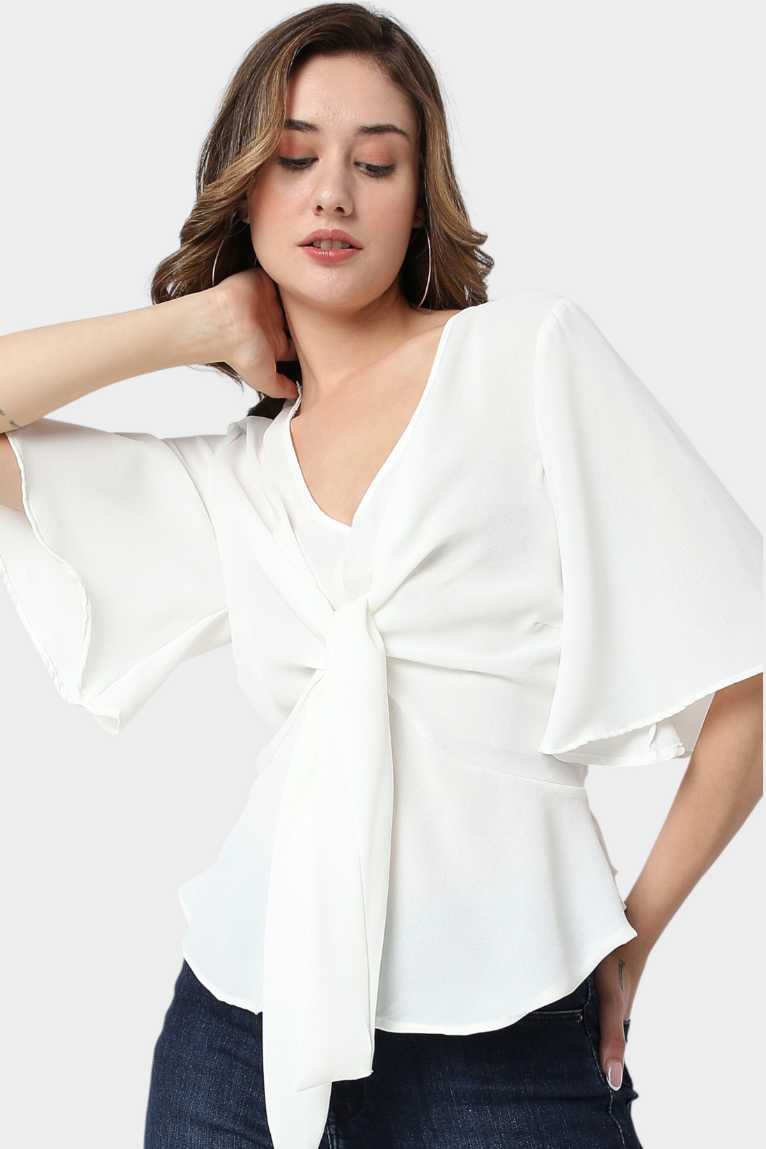 Tie-Front Flutter Sleeve Peplum Top