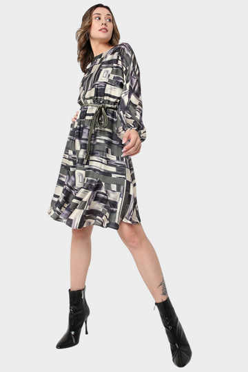 Abstract Print Tie-Waist Midi Dress
